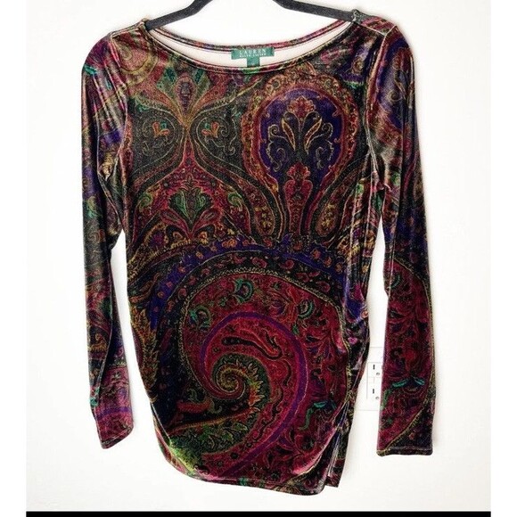 Ralph Lauren Sz M Deep Rich Paisley Polyester Velvet Tunic Top Ruched Sides - Picture 1 of 7